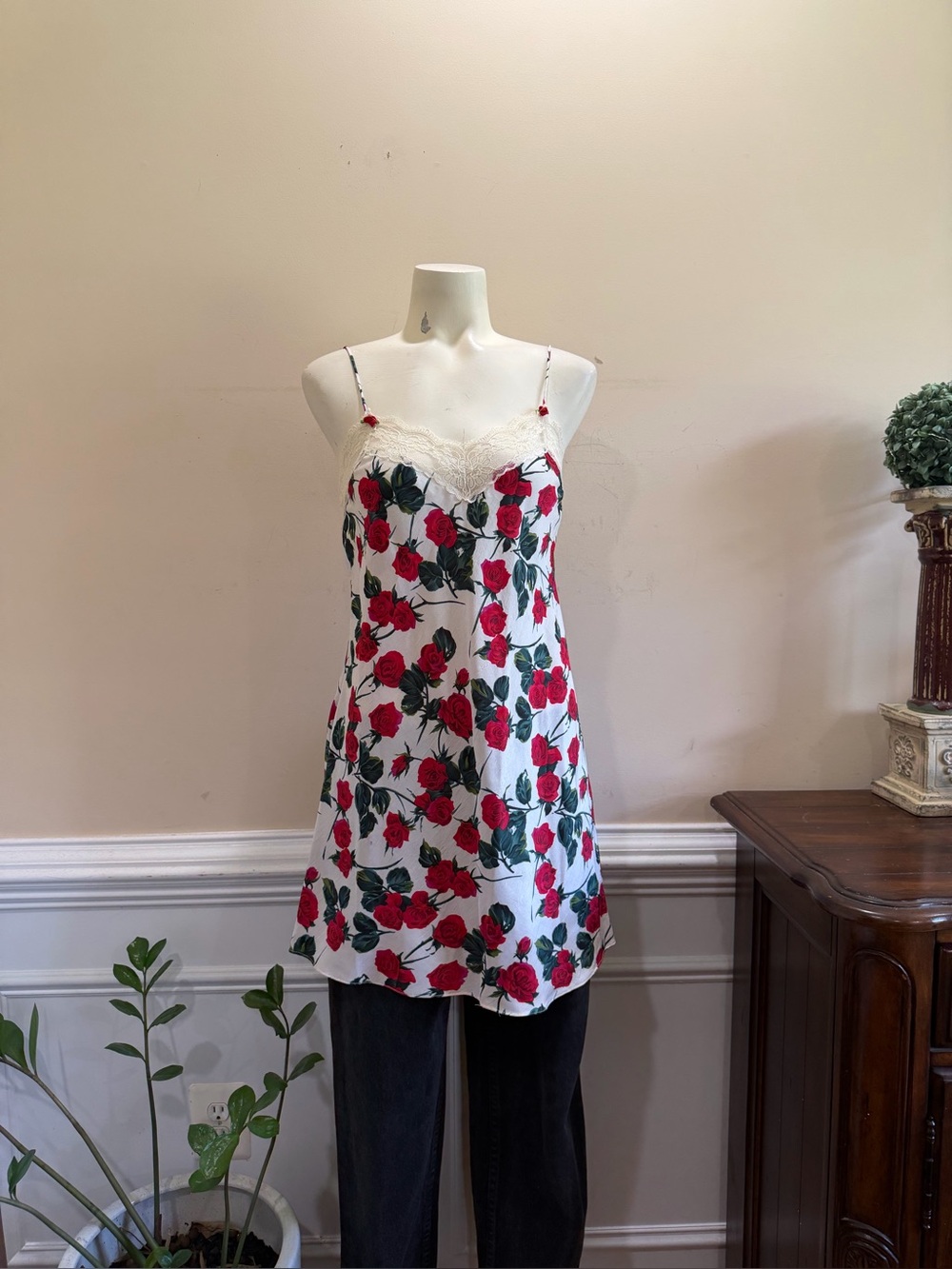 Vintage Beth Michael Floral Slip Lace Dress with Red Rose Print